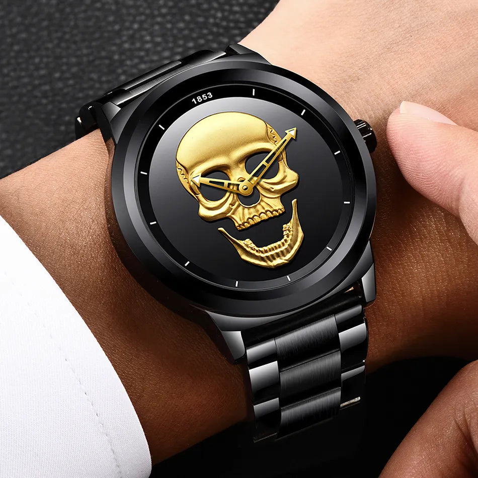 LIGE Skeleton Men's Watch – Top Brand Luxury 3D Skull Design, Full Steel, Waterproof Casual Timepiece