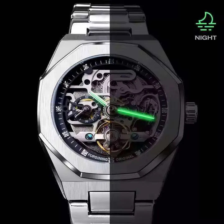 FORSINING Men's Automatic Mechanical Watch – Luminous Dial, Triple Sub-Dials, Stainless Steel Band