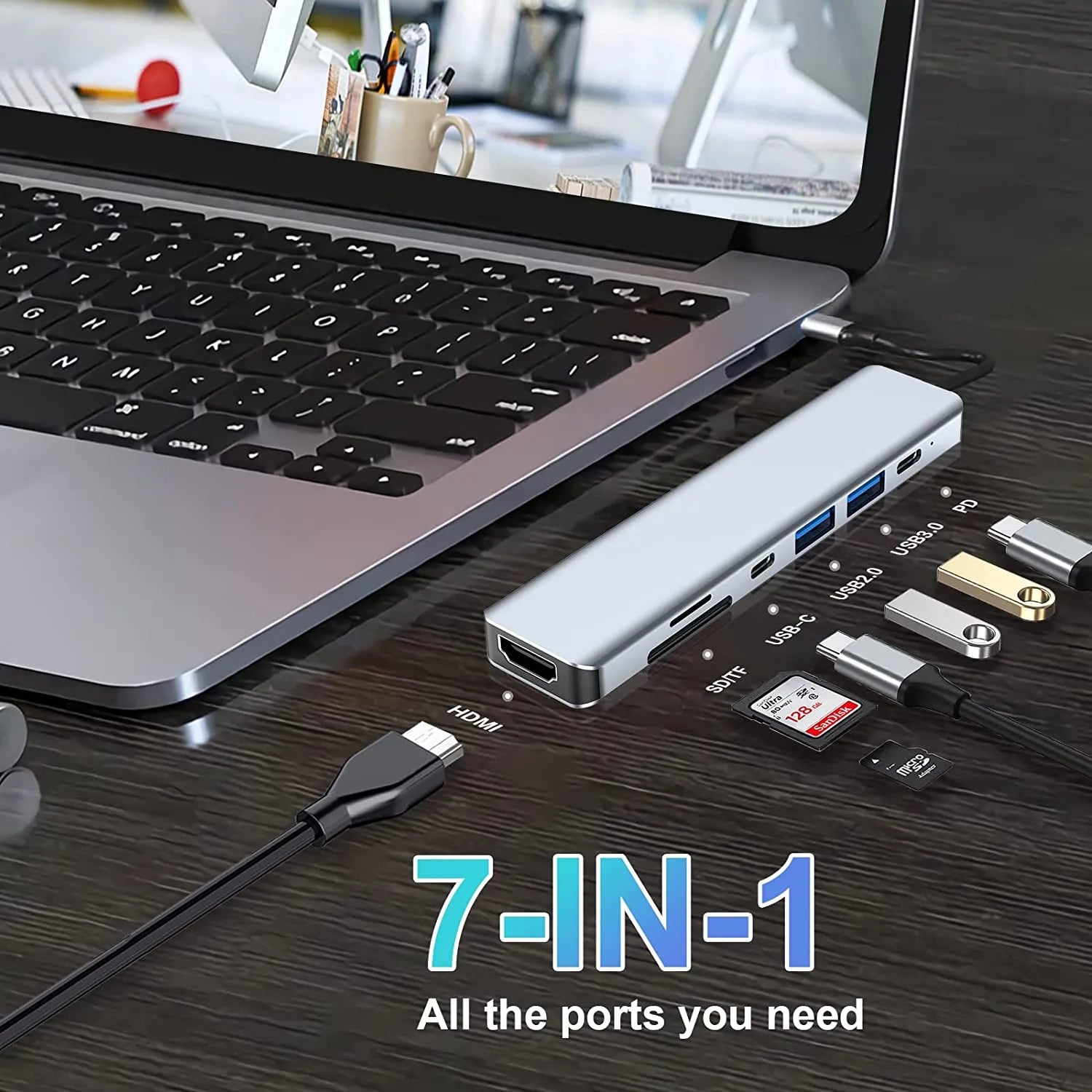 USB-C Hub 7-in-1 Multiport Adapter with 4K HDMI & Dual USB-A & SD/TF & PD Charging