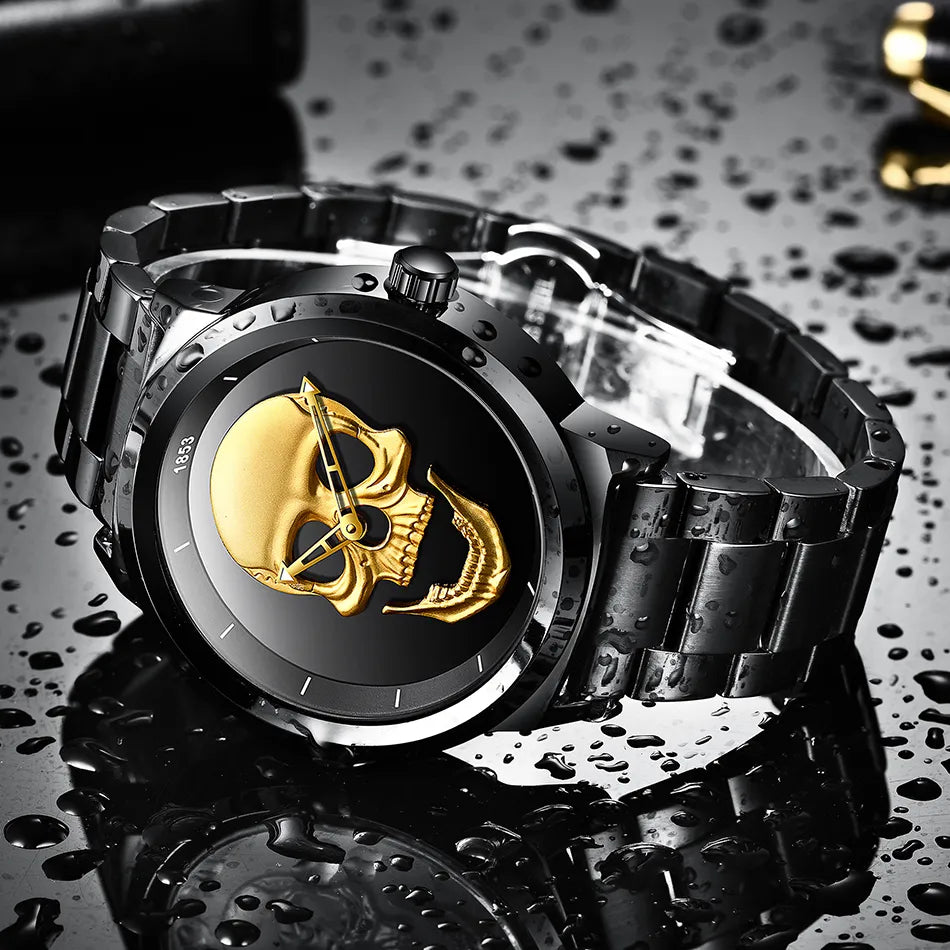 LIGE Skeleton Men's Watch – Top Brand Luxury 3D Skull Design, Full Steel, Waterproof Casual Timepiece