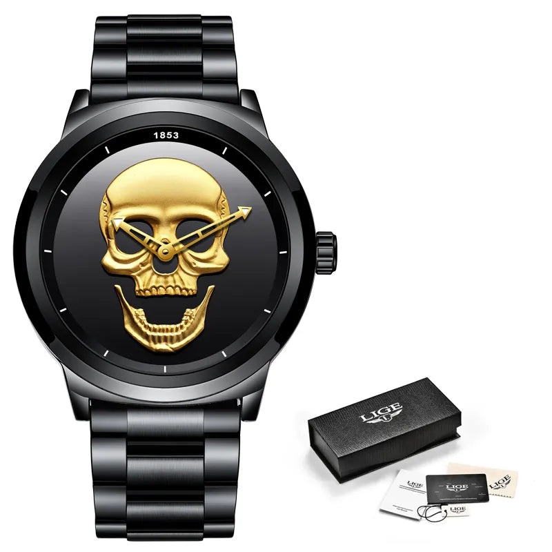 LIGE Skeleton Men's Watch – Top Brand Luxury 3D Skull Design, Full Steel, Waterproof Casual Timepiece